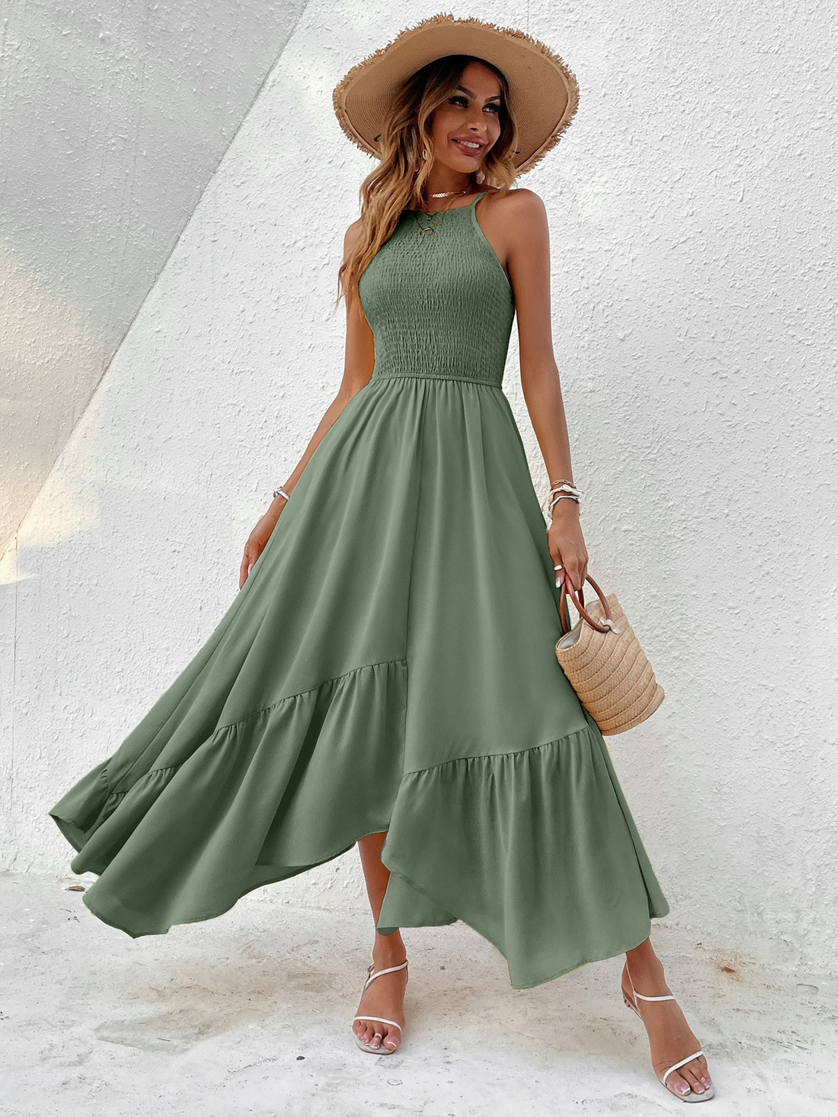 Shirred Cami Dress with Hanky Hem - Army Green / XL