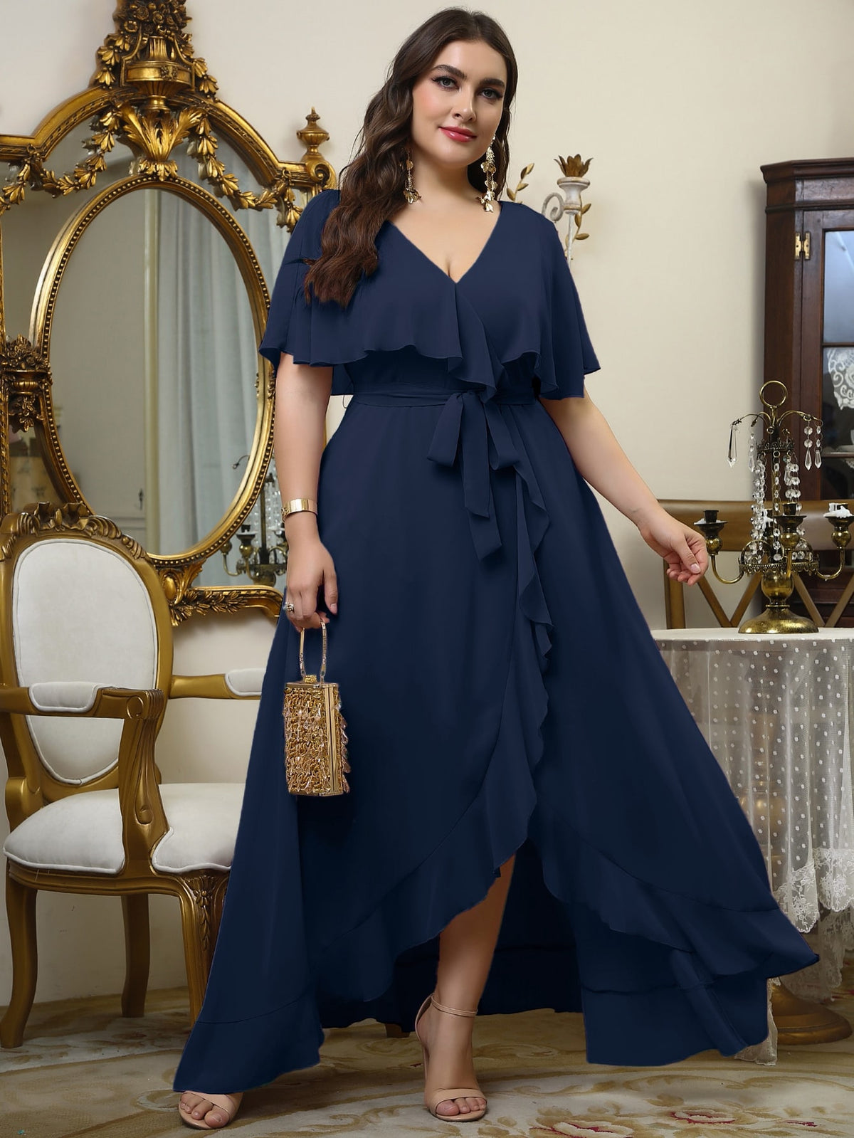 Plus Wrap Chiffon Dress with Self Tie Ruffle