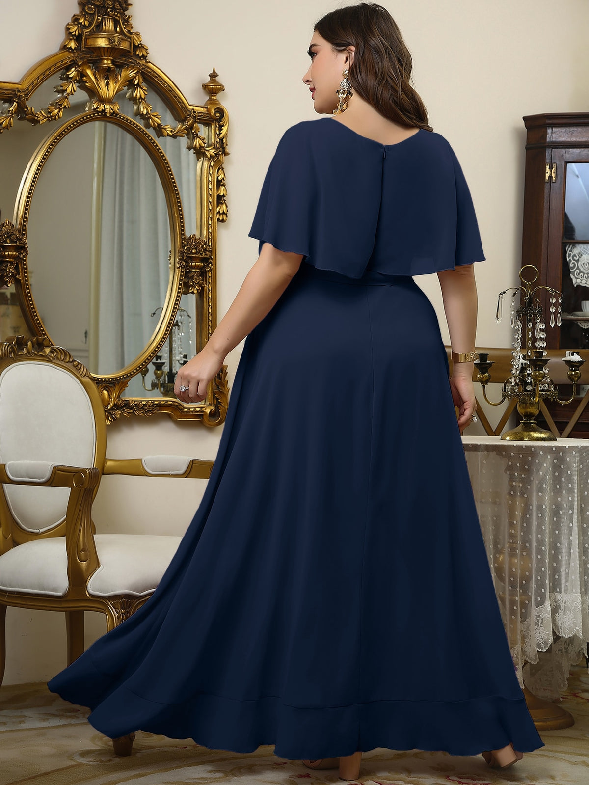 Plus Wrap Chiffon Dress with Self Tie Ruffle