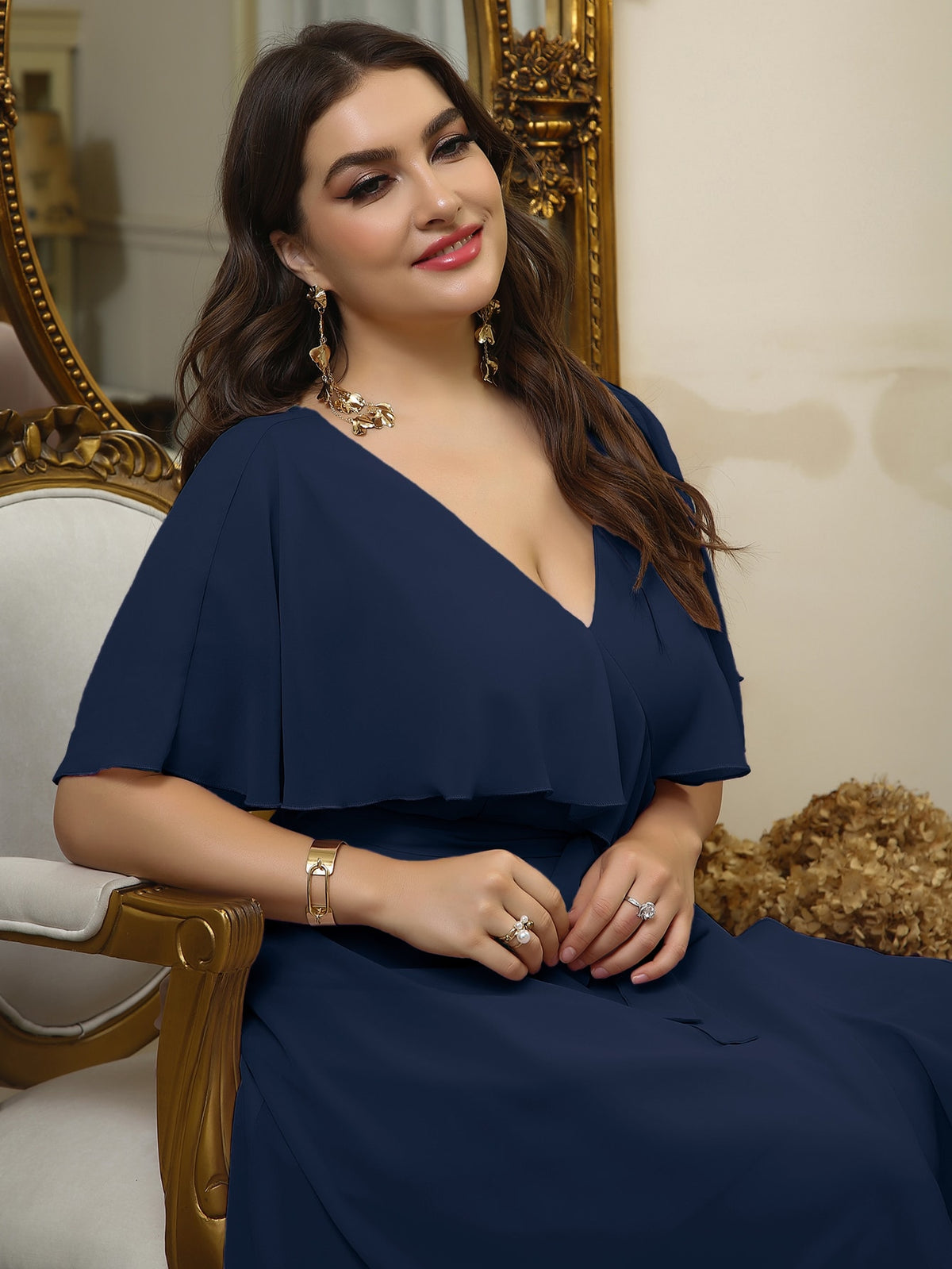 Plus Wrap Chiffon Dress with Self Tie Ruffle