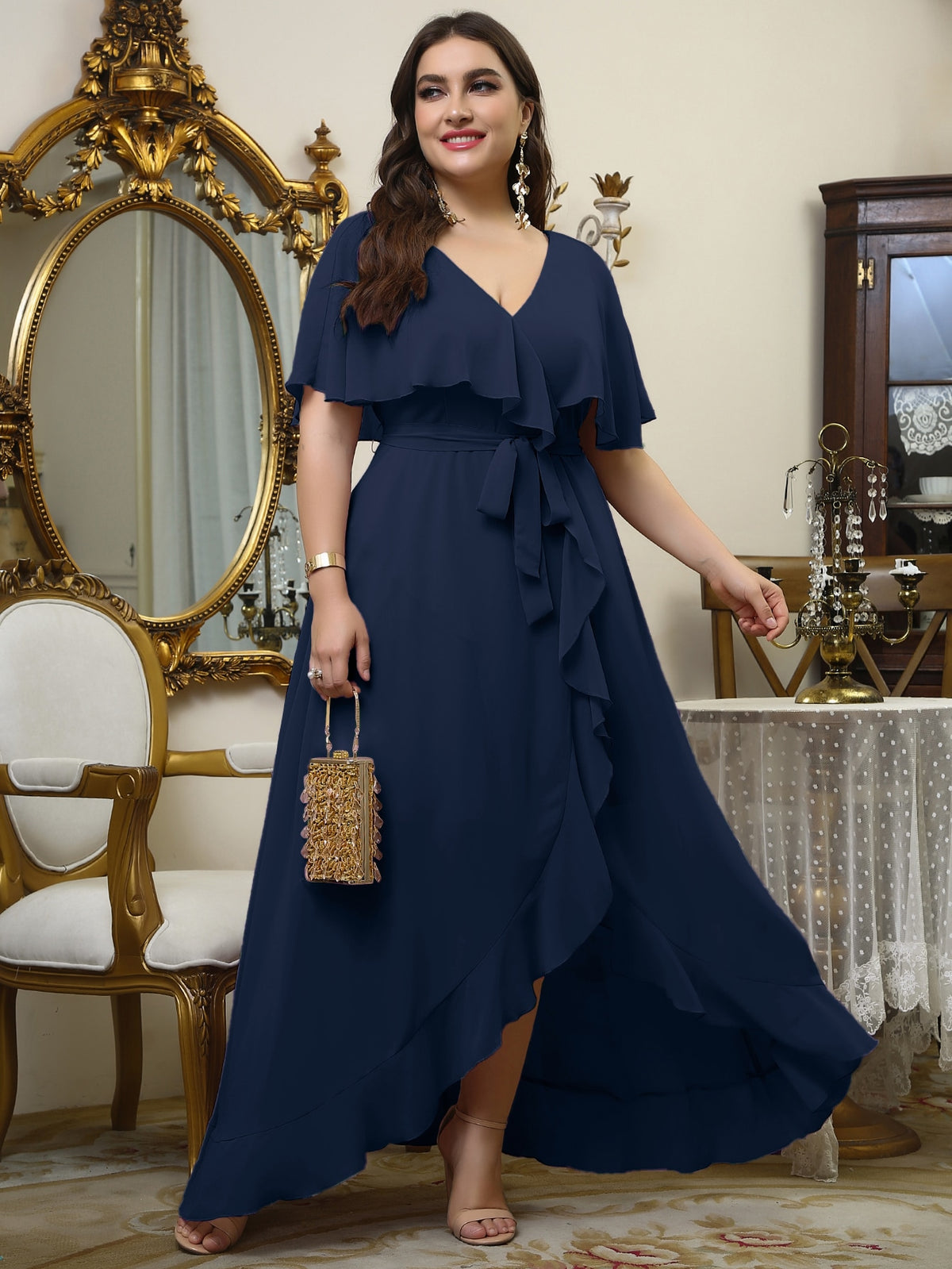 Plus Wrap Chiffon Dress with Self Tie Ruffle