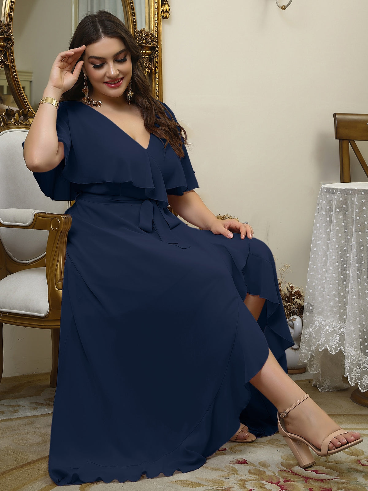 Plus Wrap Chiffon Dress with Self Tie Ruffle