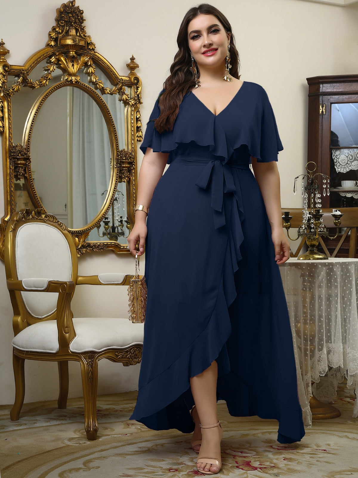Plus Wrap Chiffon Dress with Self Tie Ruffle