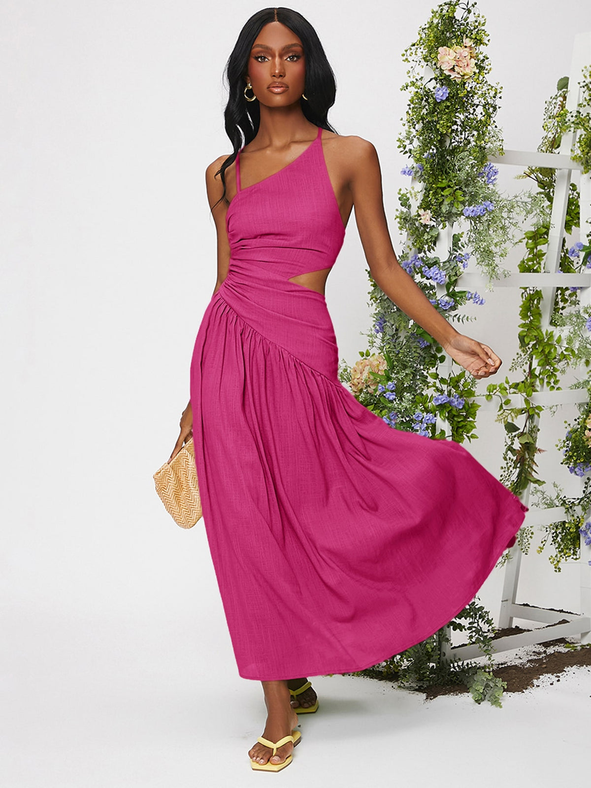 Lace Up Ruched Ruffle Hem Dress - Hot Pink / XL