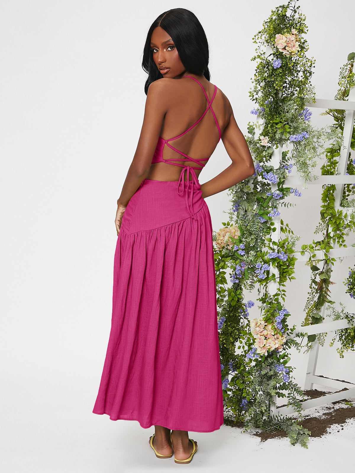 Lace Up Ruched Ruffle Hem Dress -