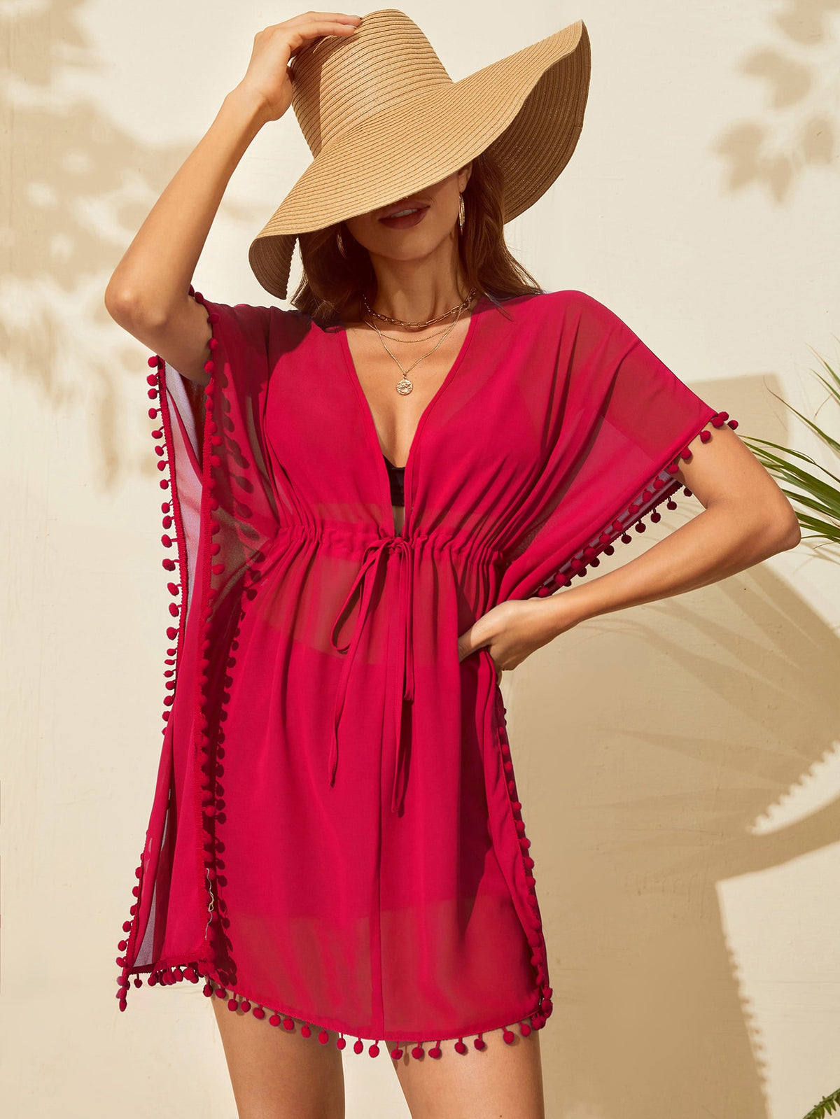 Drawstring Waist Swim Cover Up with Pompom Trim