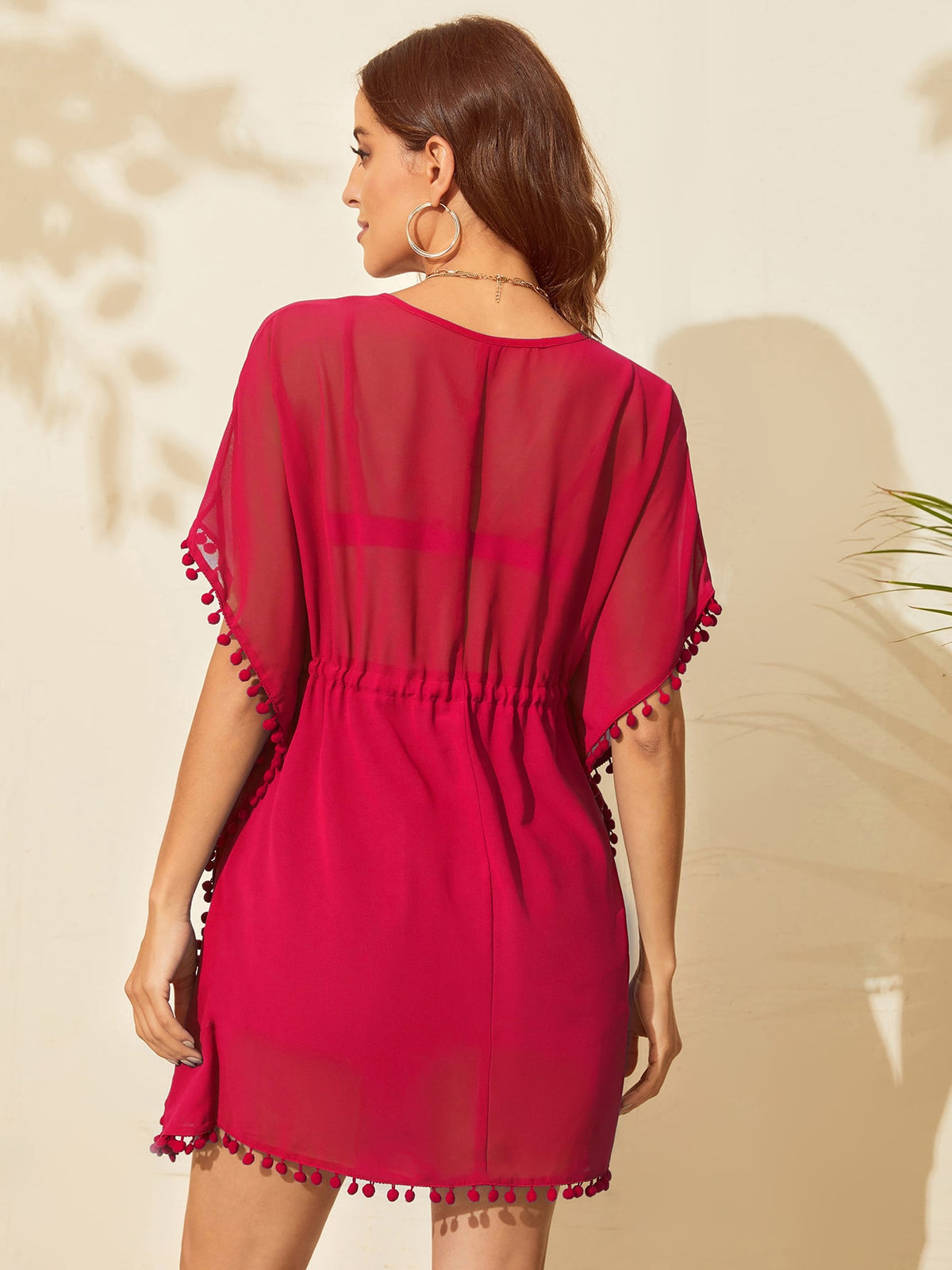 Drawstring Waist Swim Cover Up with Pompom Trim
