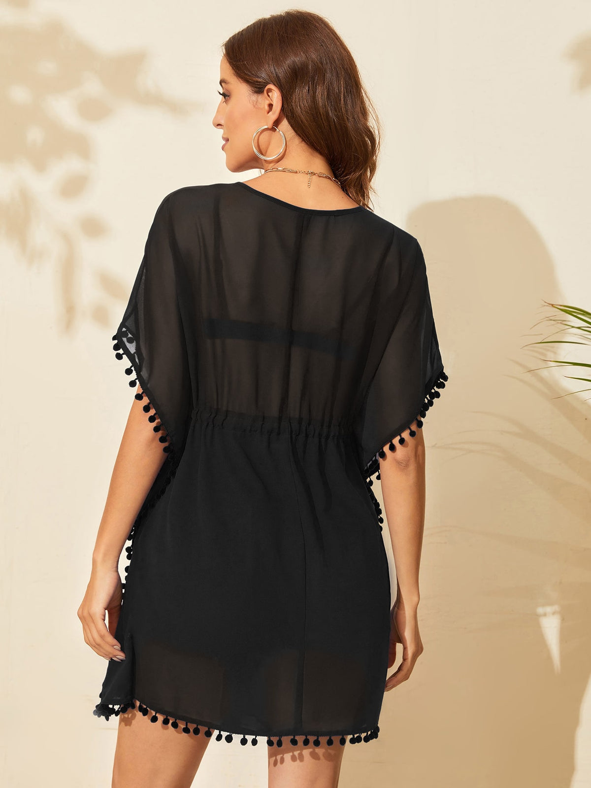 Drawstring Waist Swim Cover Up with Pompom Trim