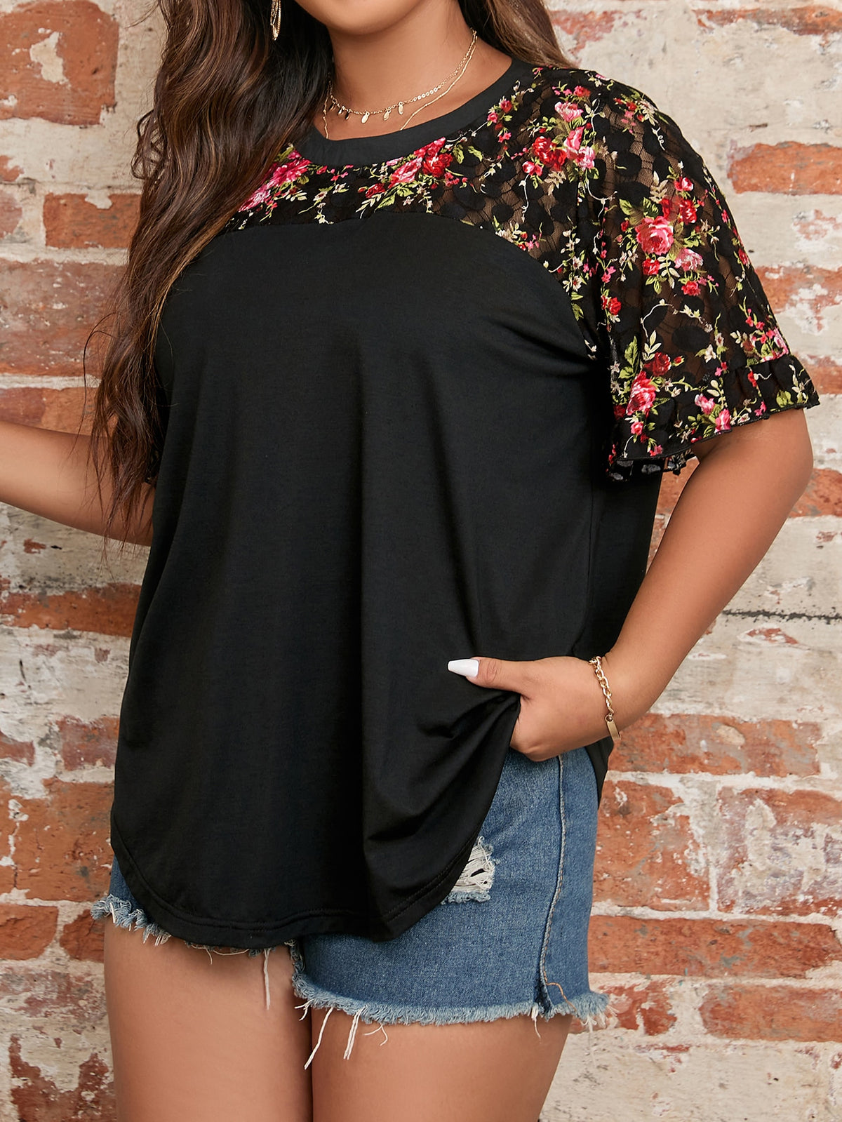 Plus Floral Top with Embroidery