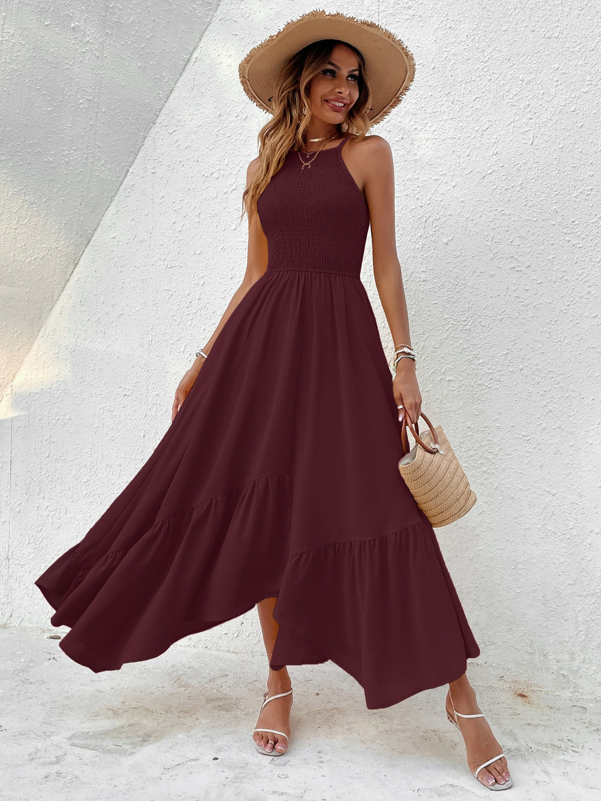 Shirred Cami Dress with Hanky Hem - Burgundy / XL
