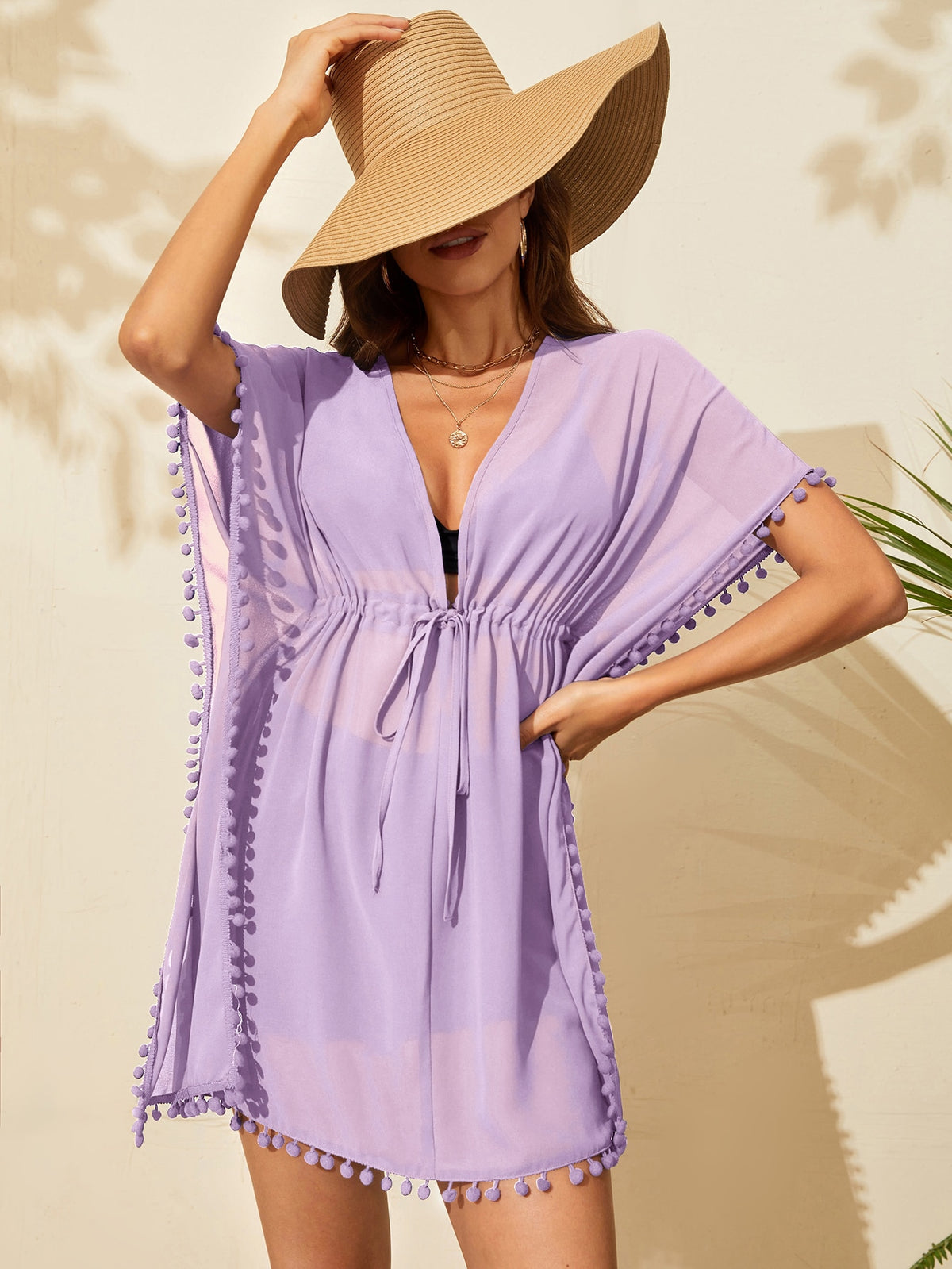 Drawstring Waist Swim Cover Up with Pompom Trim