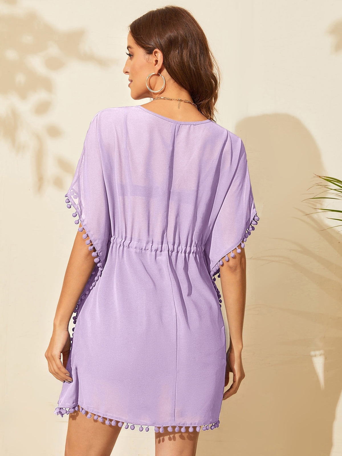 Drawstring Waist Swim Cover Up with Pompom Trim