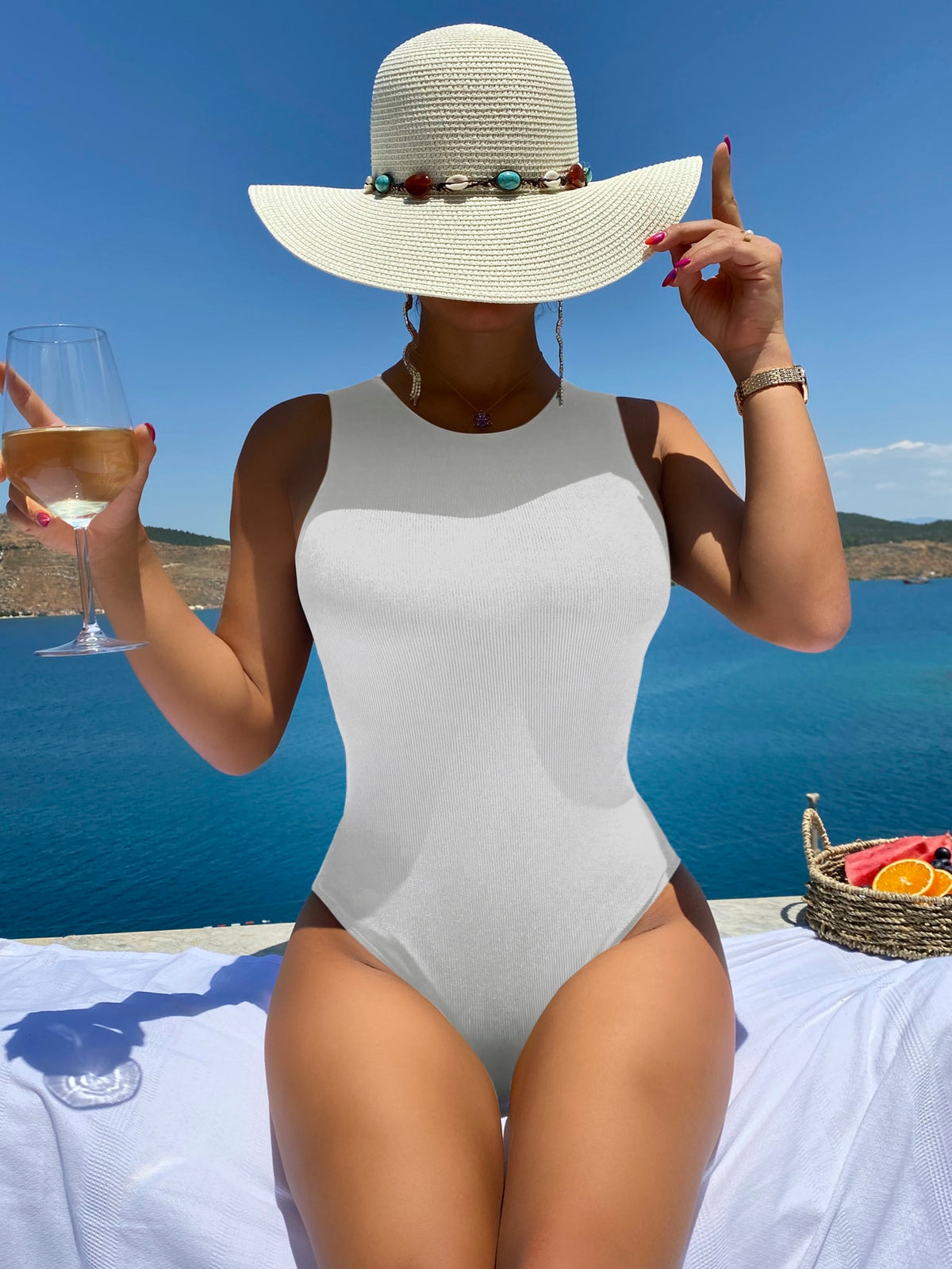 One Piece Ribbed Knit Swimsuit with Tie Back