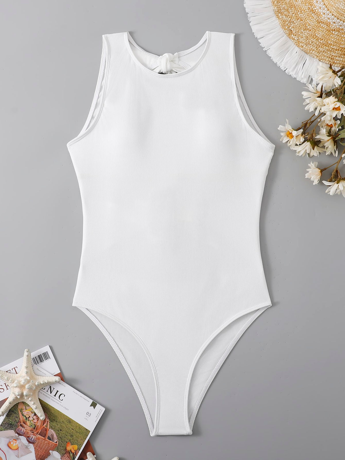 One Piece Ribbed Knit Swimsuit with Tie Back