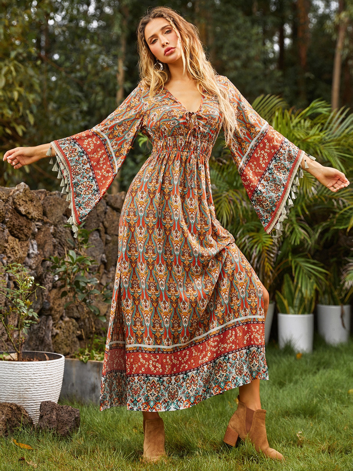 Print A line Dress with Flounce Sleeve