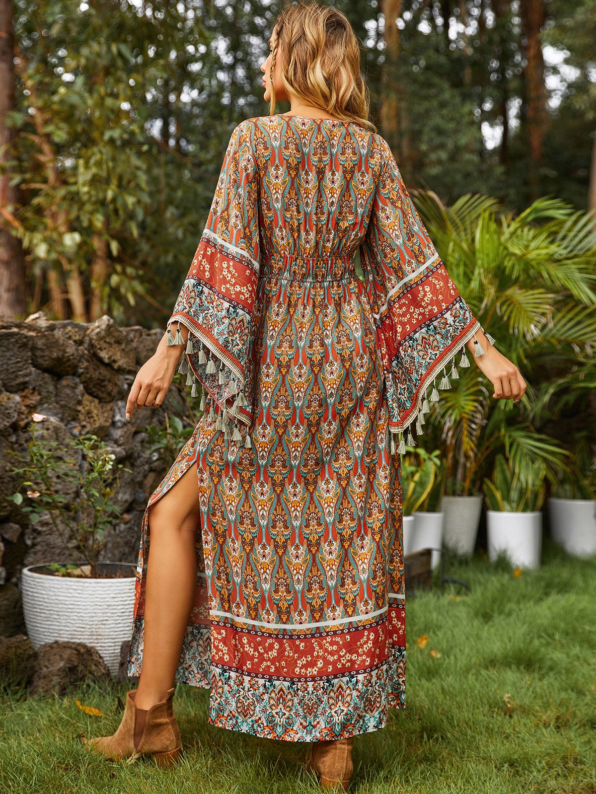 Print A line Dress with Flounce Sleeve