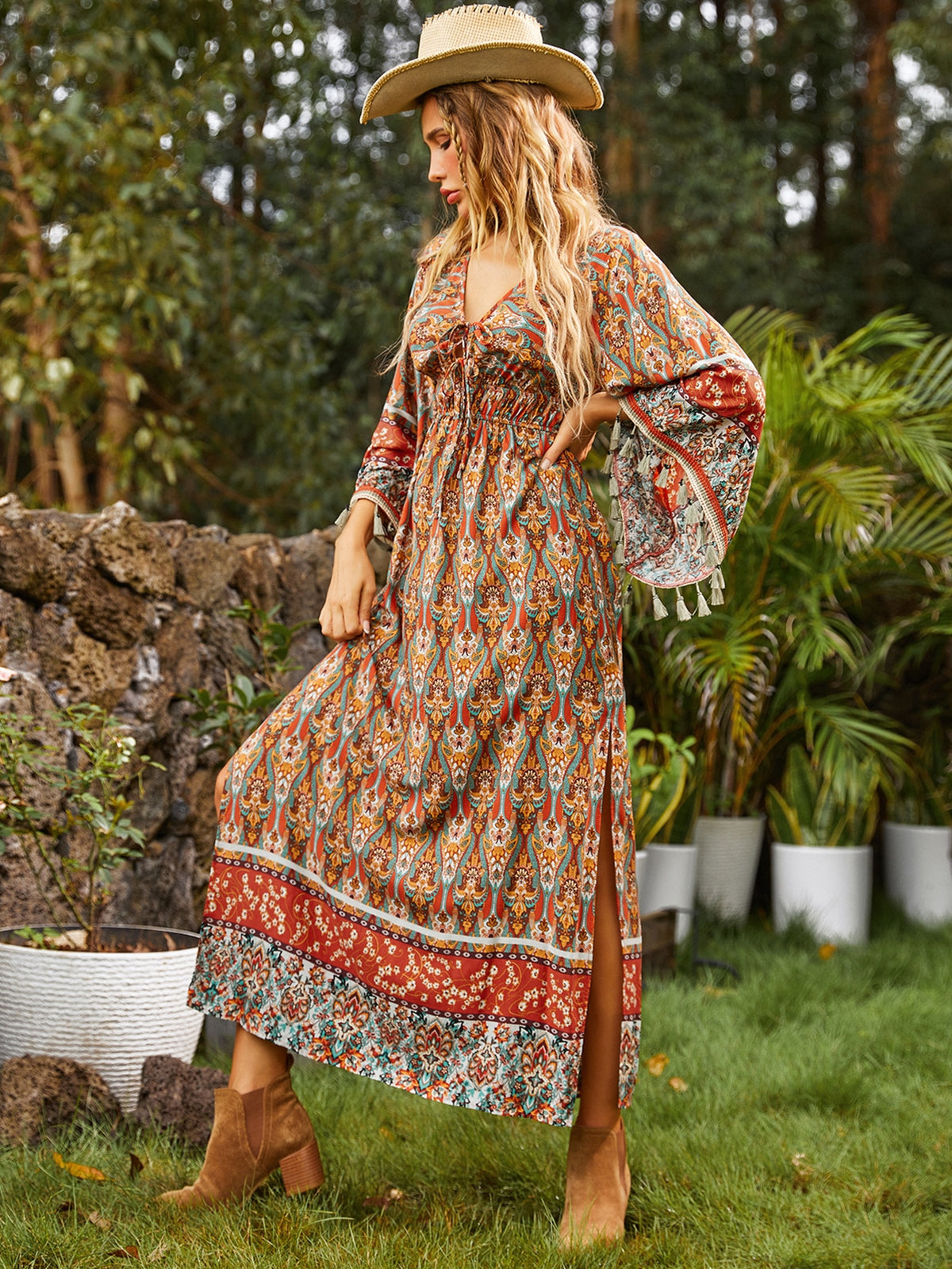 Print A line Dress with Flounce Sleeve