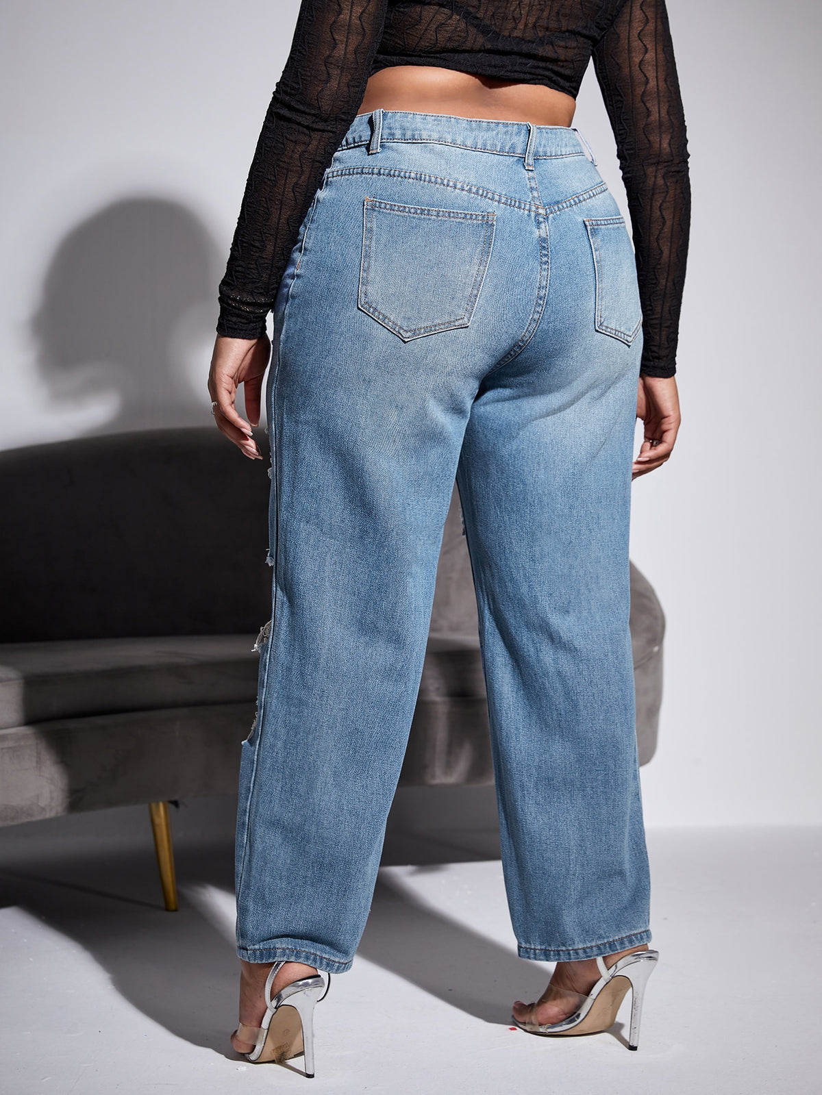 Plus Straight Leg Jeans with Ripped Cut Out