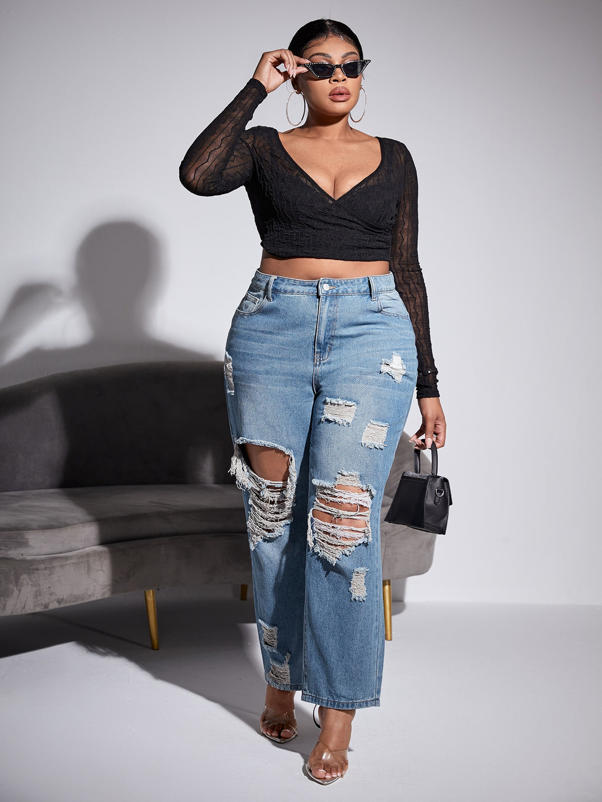 Plus Straight Leg Jeans with Ripped Cut Out