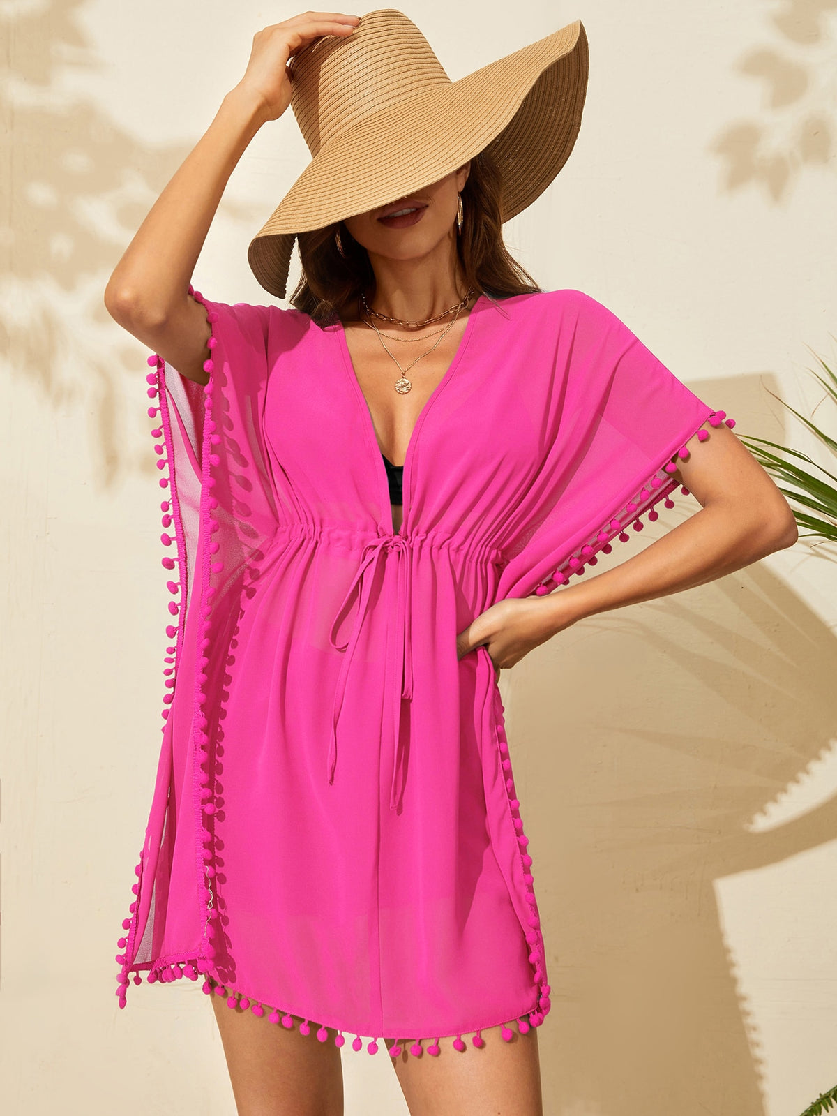 Drawstring Waist Swim Cover Up with Pompom Trim