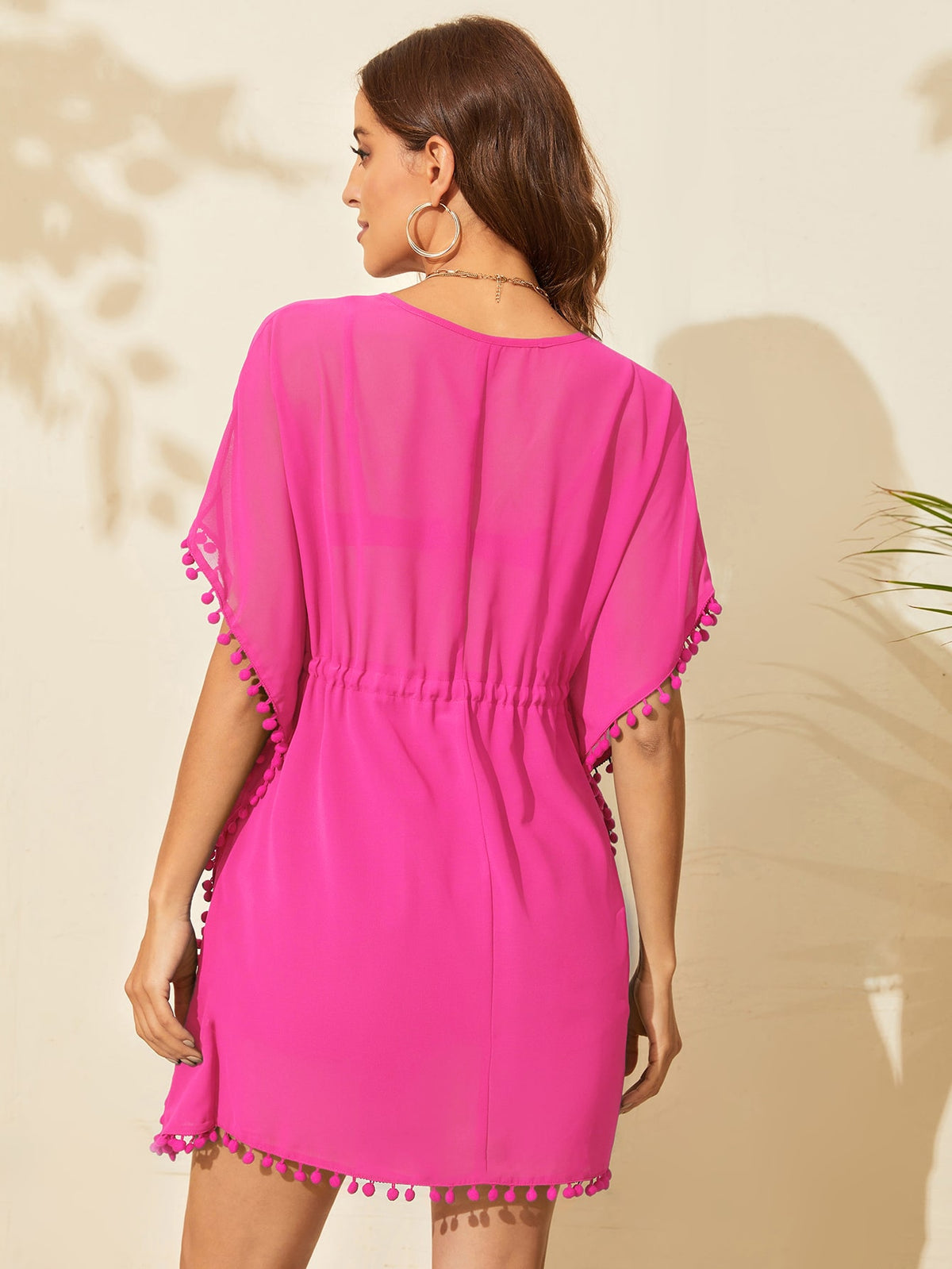 Drawstring Waist Swim Cover Up with Pompom Trim
