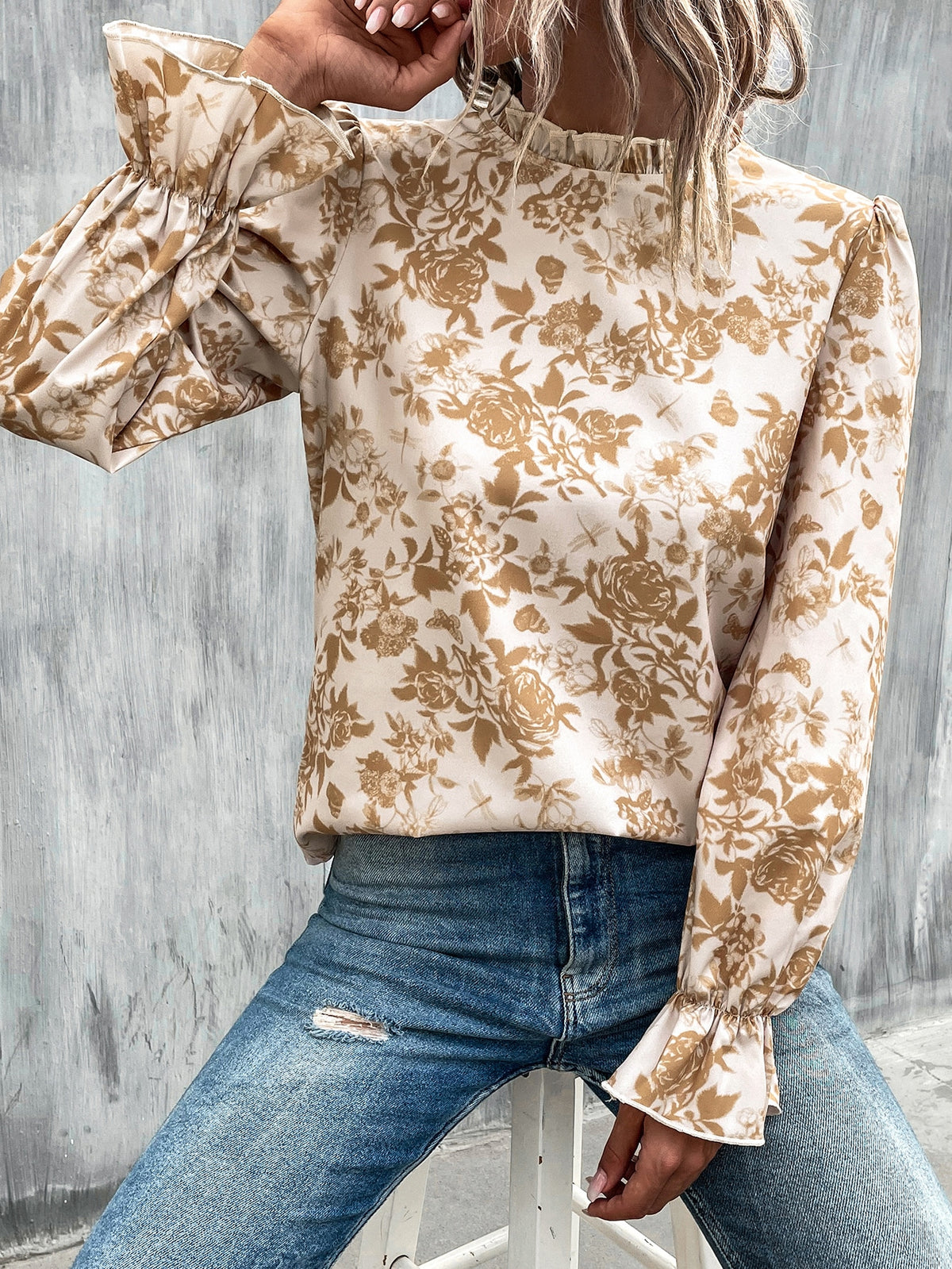 Floral Flounce Sleeve Blouse with Frill Trim