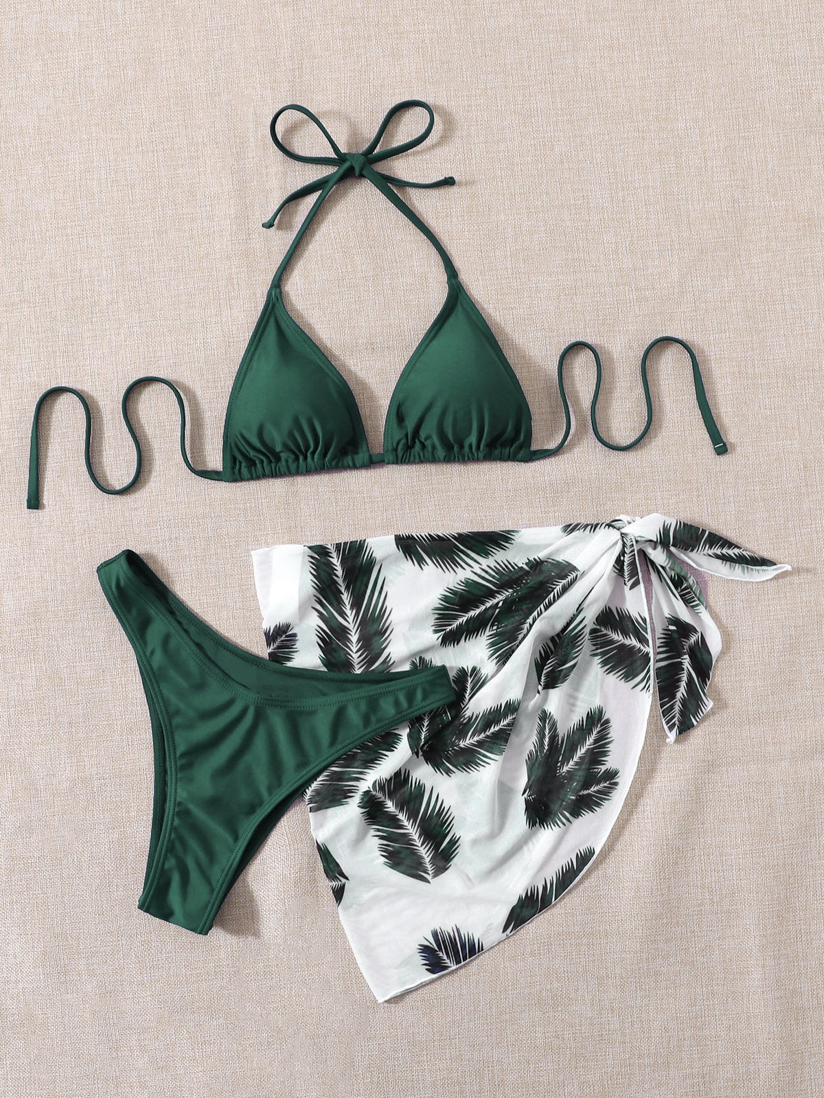 3 Piece Halter Bikini Swimsuit With Palm Print Beach Skirt