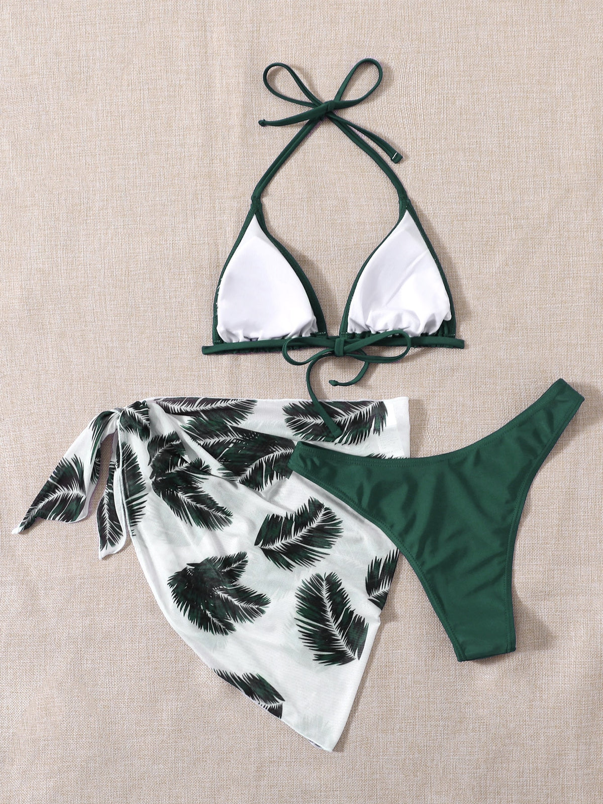 3 Piece Halter Bikini Swimsuit With Palm Print Beach Skirt