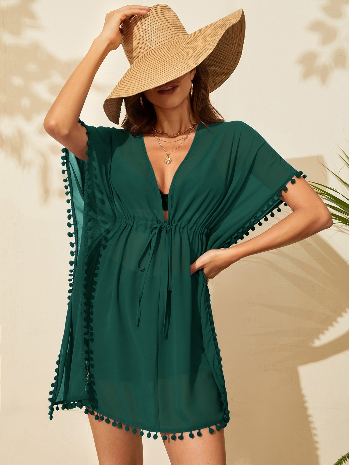 Drawstring Waist Swim Cover Up with Pompom Trim