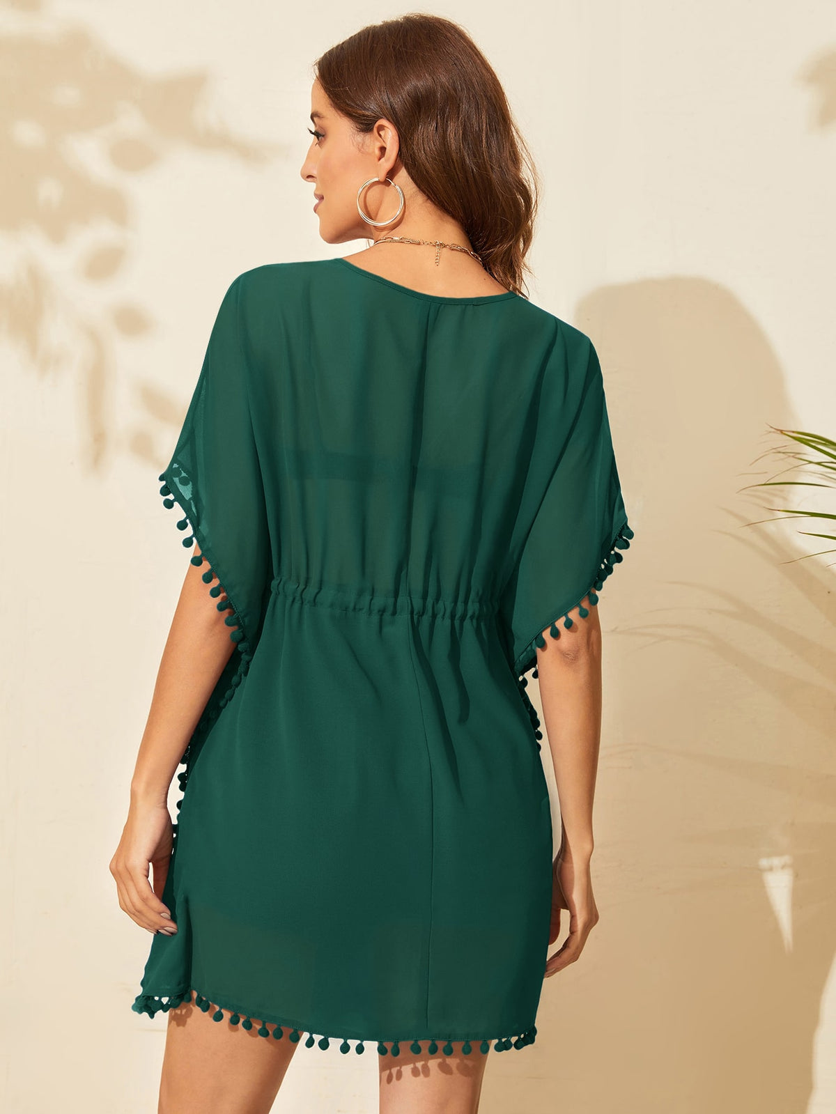 Drawstring Waist Swim Cover Up with Pompom Trim