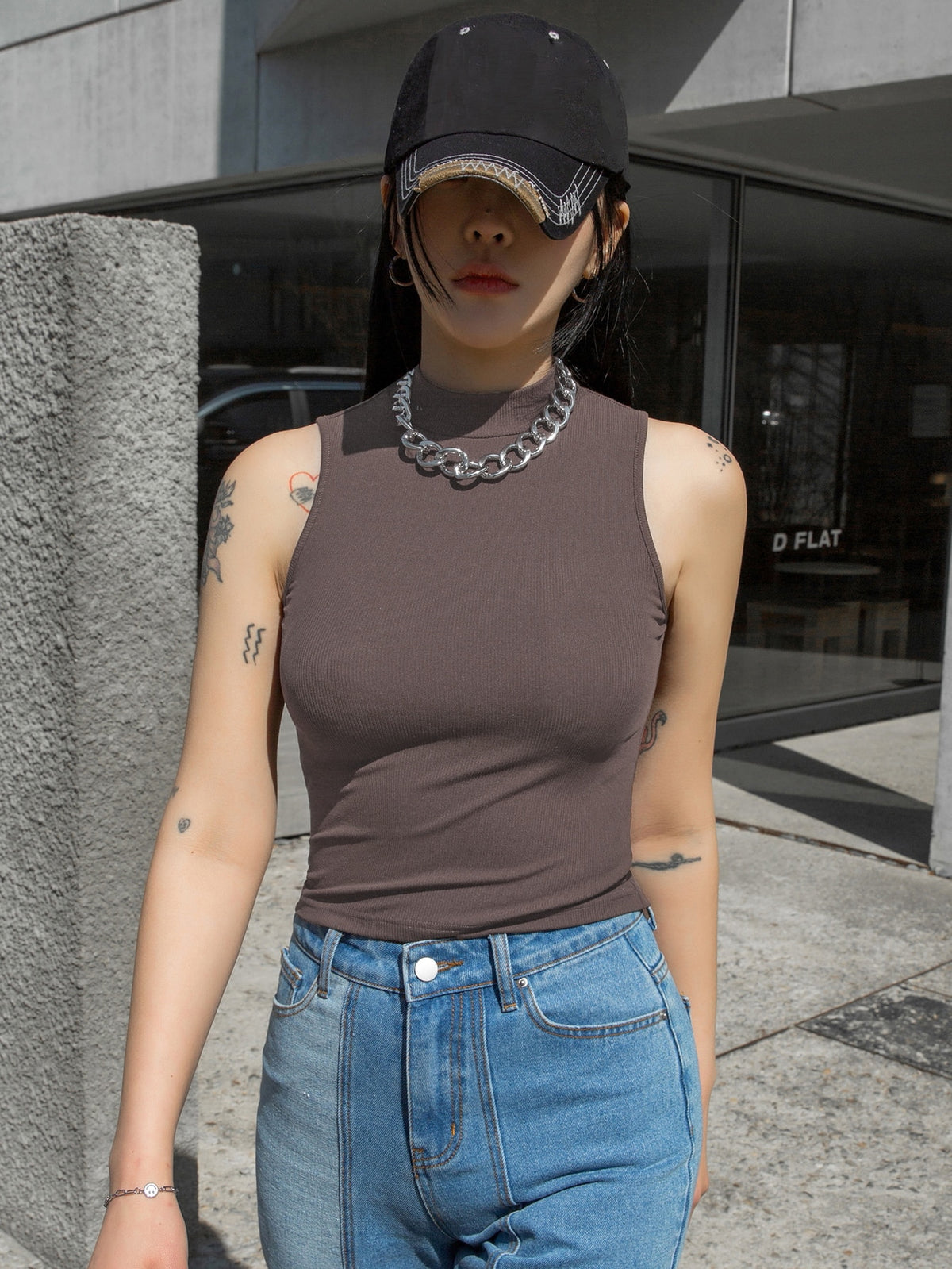 Ribbed Knit Tank Top with Mock Neck