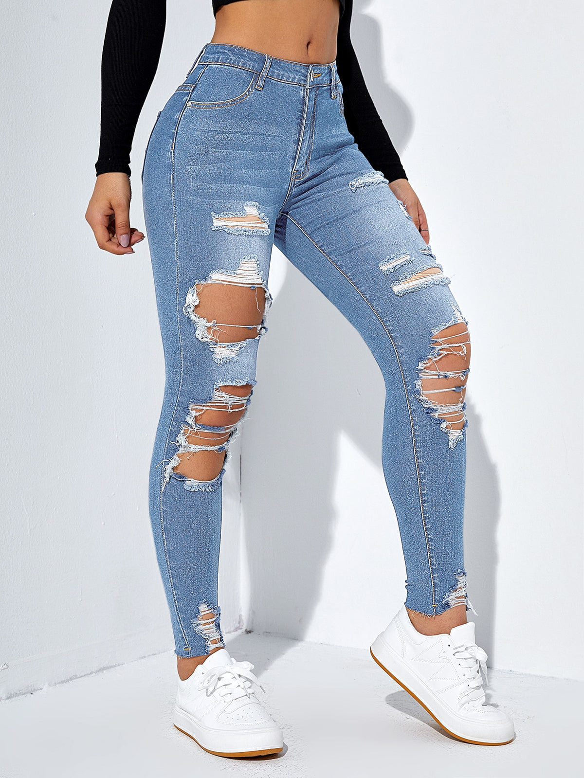 Skinny Jeans Cut Out Ripped with Raw Hem