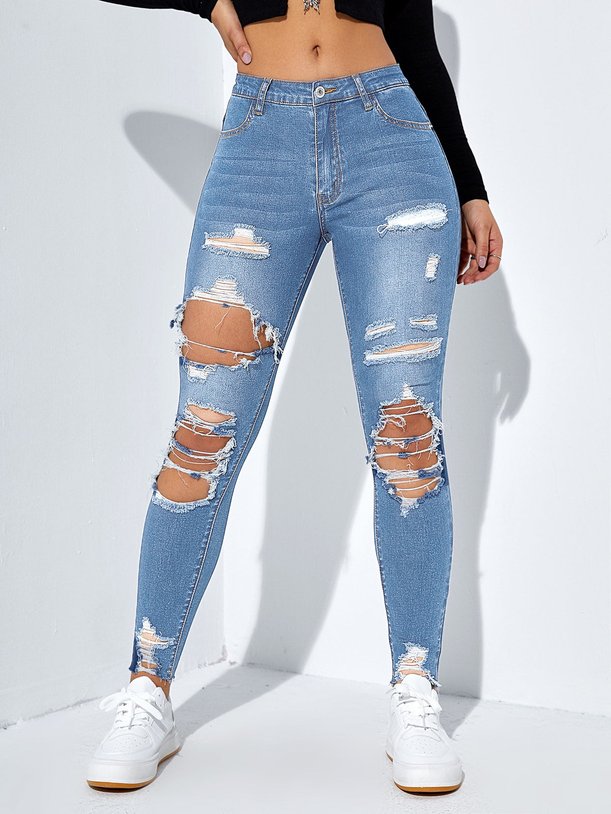 Skinny Jeans Cut Out Ripped with Raw Hem