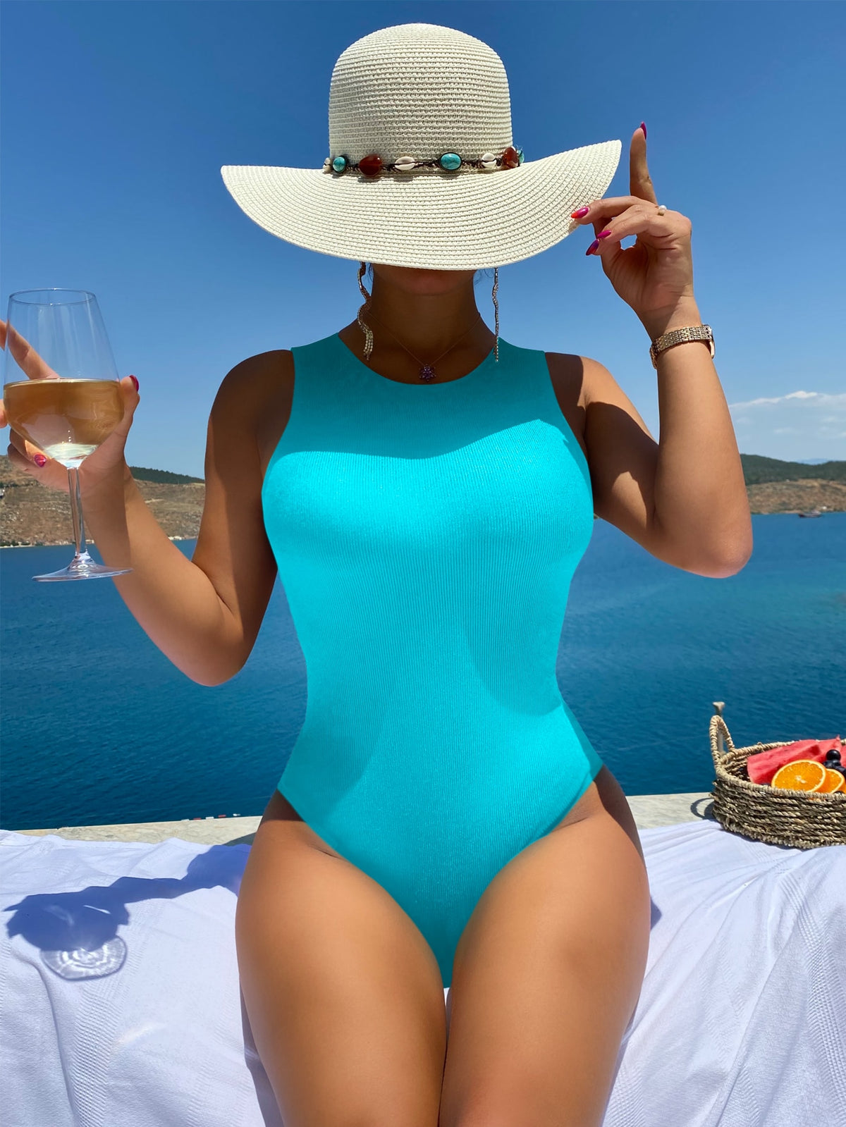 One Piece Ribbed Knit Swimsuit with Tie Back