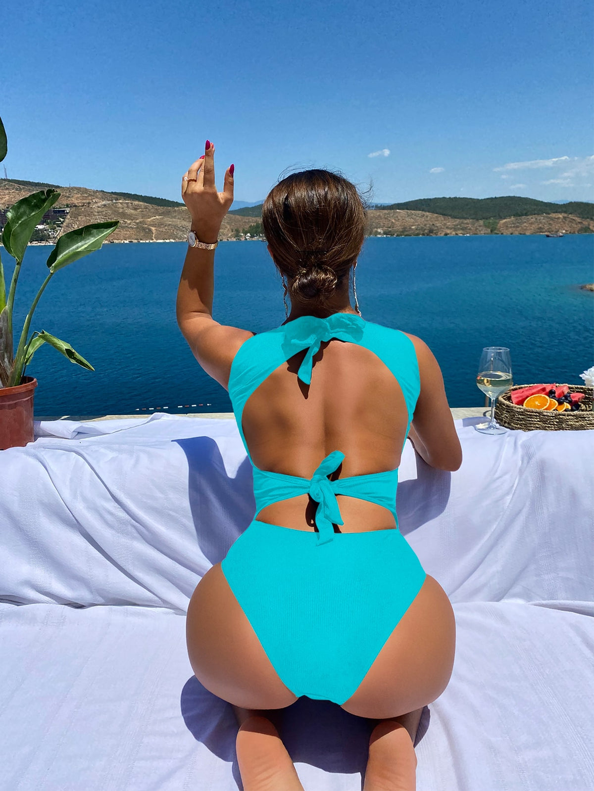 One Piece Ribbed Knit Swimsuit with Tie Back