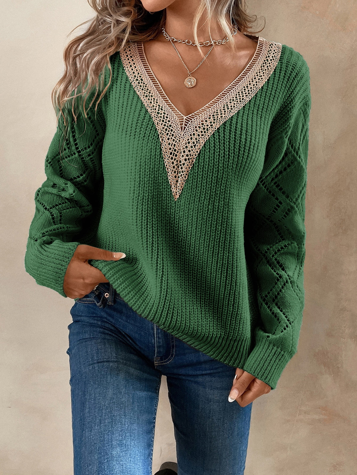 Knit Drop Shoulder Sweater with Lace Panel