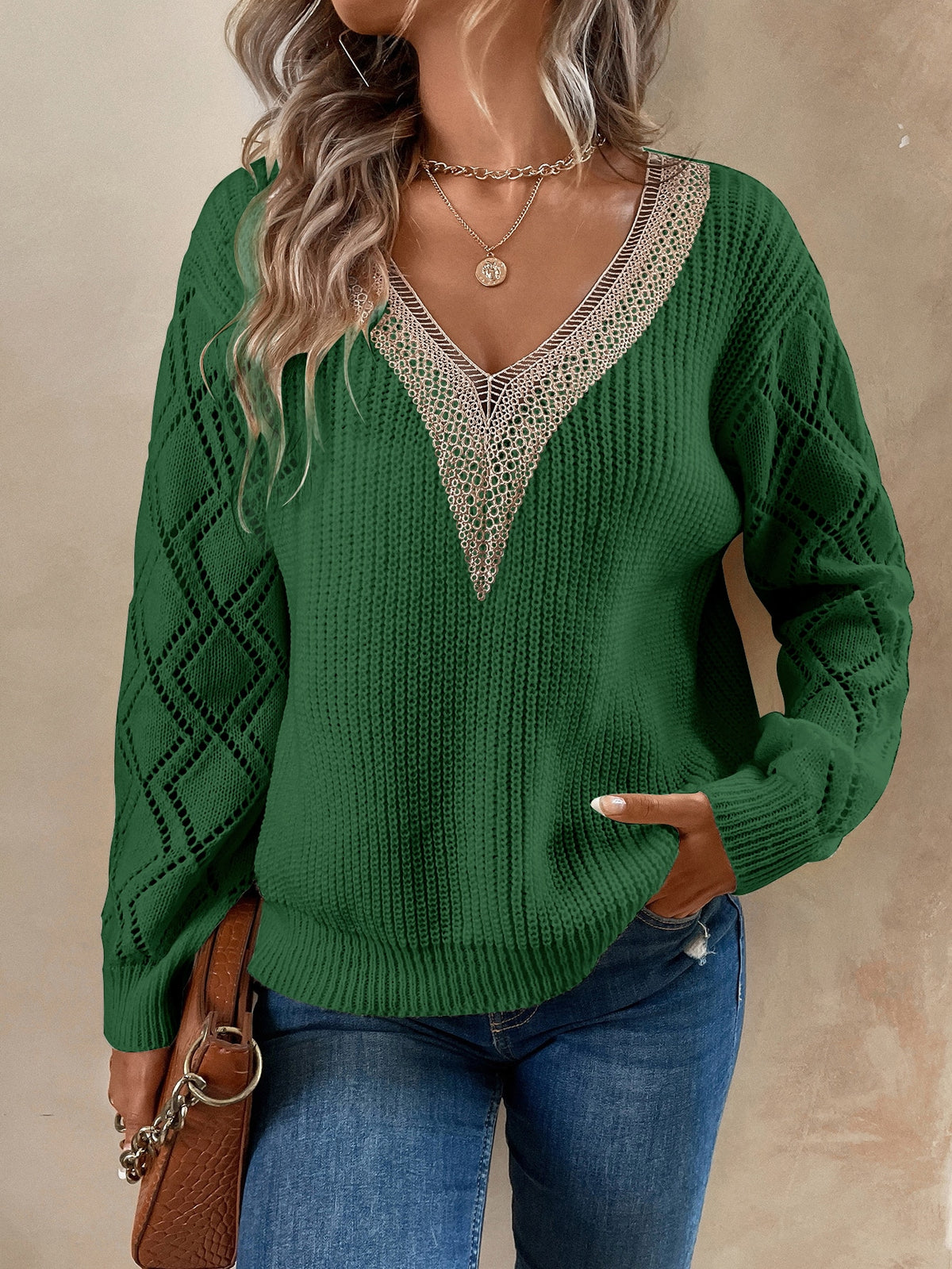 Knit Drop Shoulder Sweater with Lace Panel