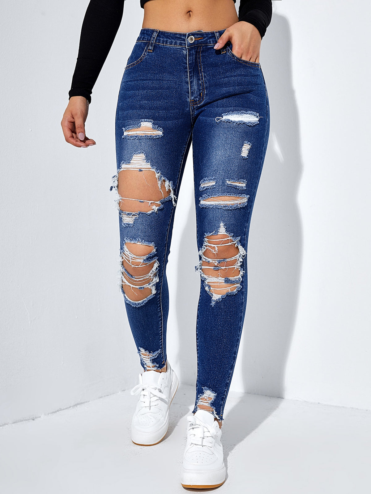 Skinny Jeans Cut Out Ripped with Raw Hem