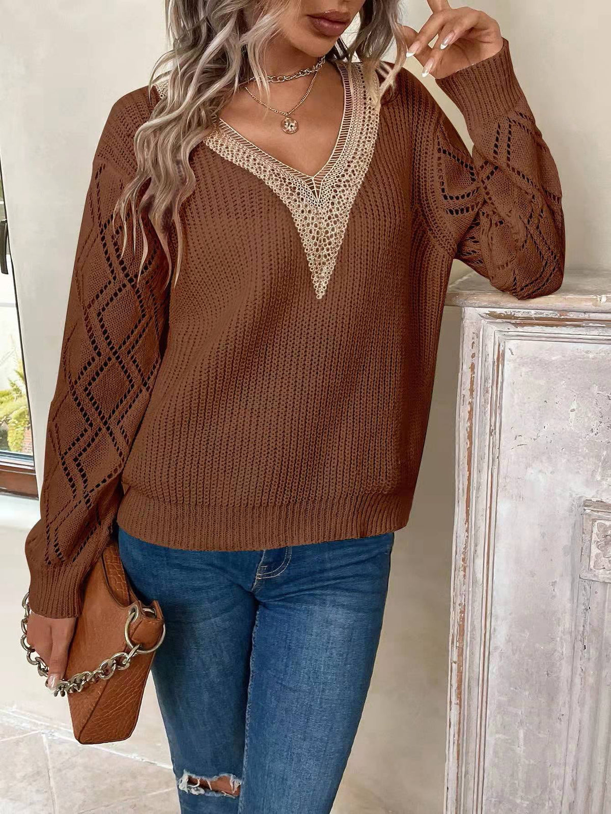 Knit Drop Shoulder Sweater with Lace Panel
