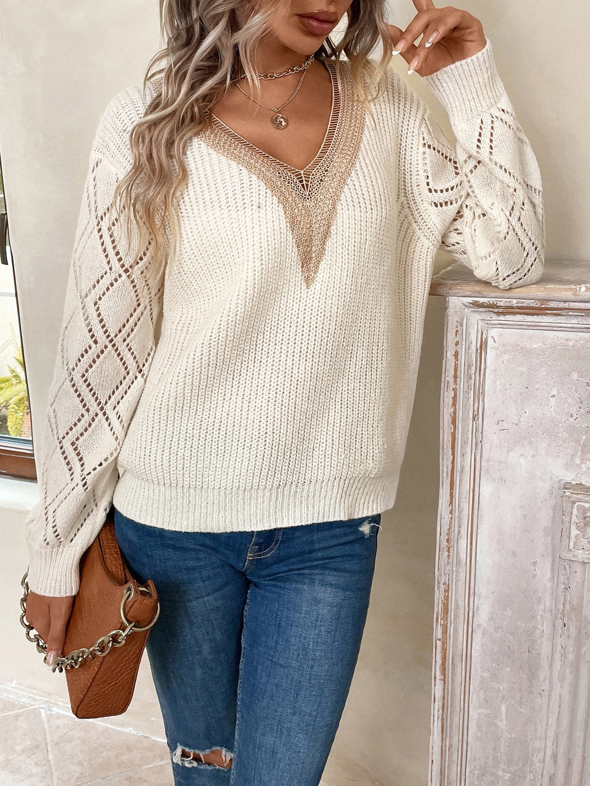 Knit Drop Shoulder Sweater with Lace Panel