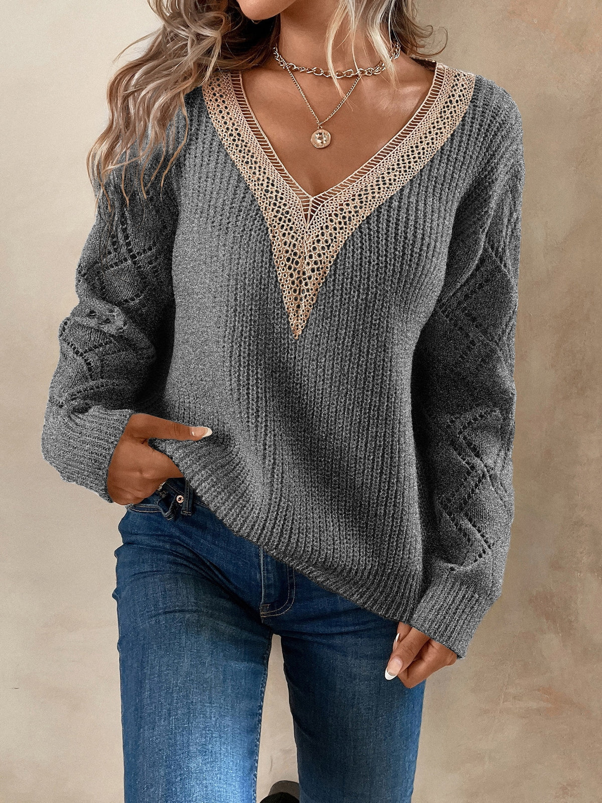 Knit Drop Shoulder Sweater with Lace Panel