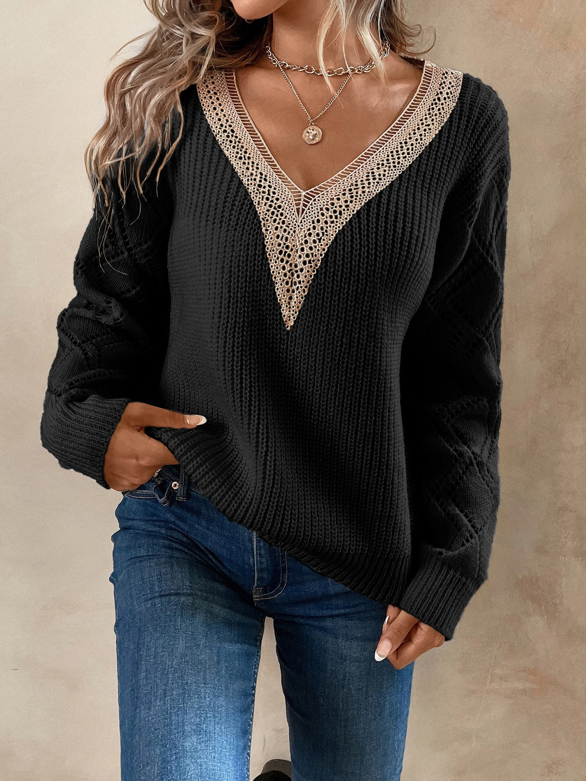 Knit Drop Shoulder Sweater with Lace Panel