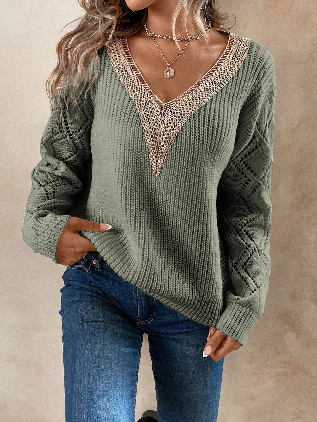 Knit Drop Shoulder Sweater with Lace Panel