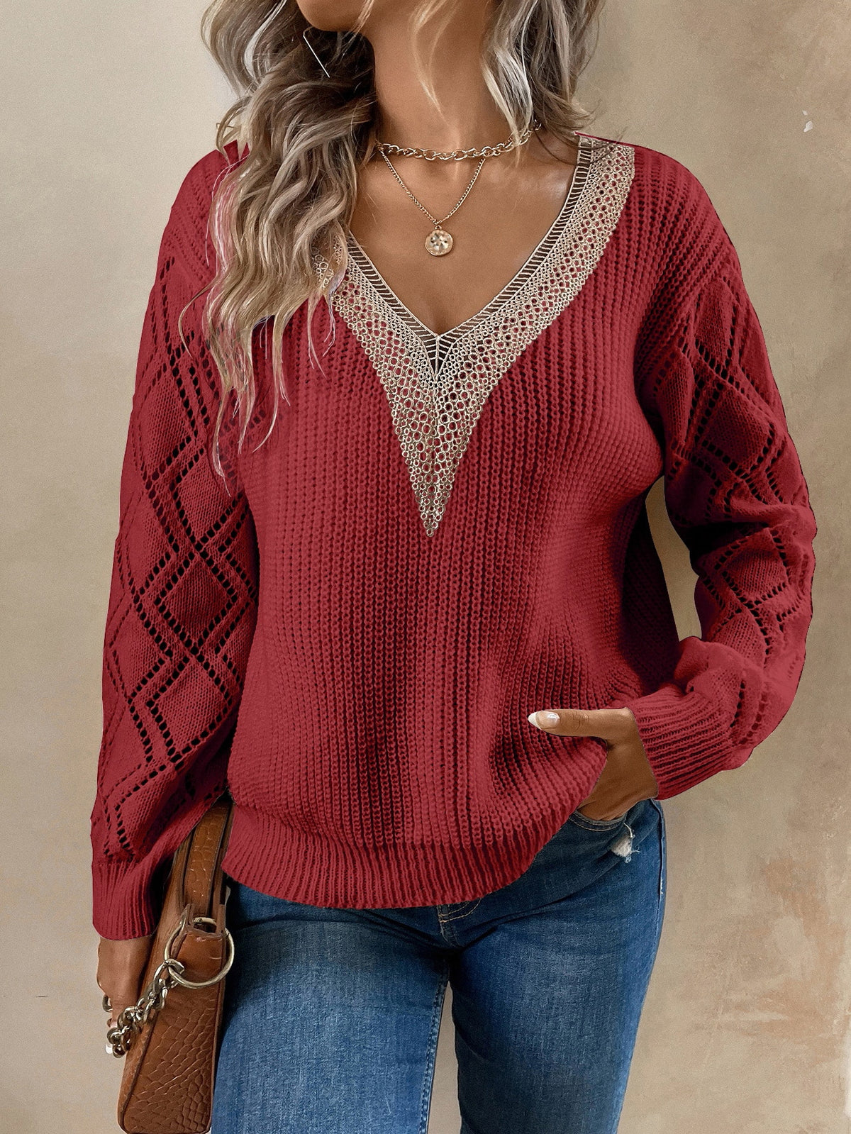 Knit Drop Shoulder Sweater with Lace Panel