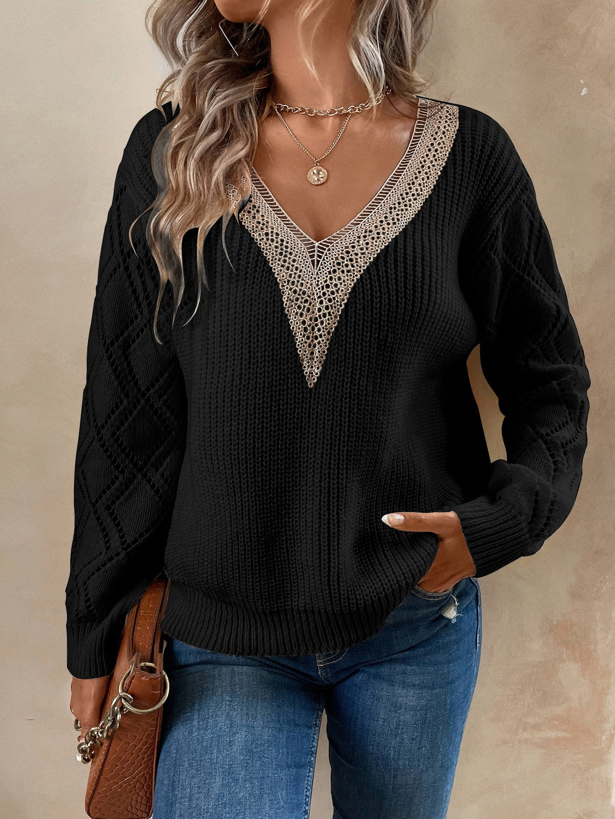 Knit Drop Shoulder Sweater with Lace Panel
