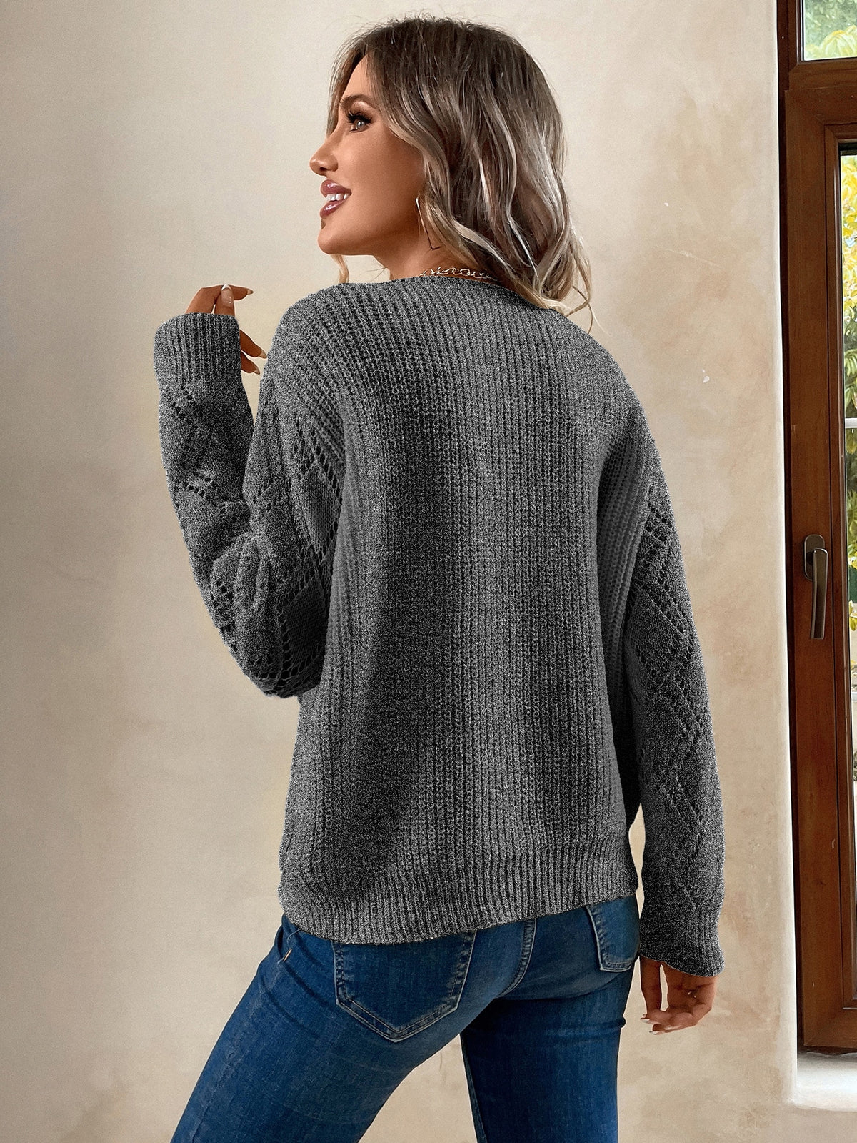 Knit Drop Shoulder Sweater with Lace Panel