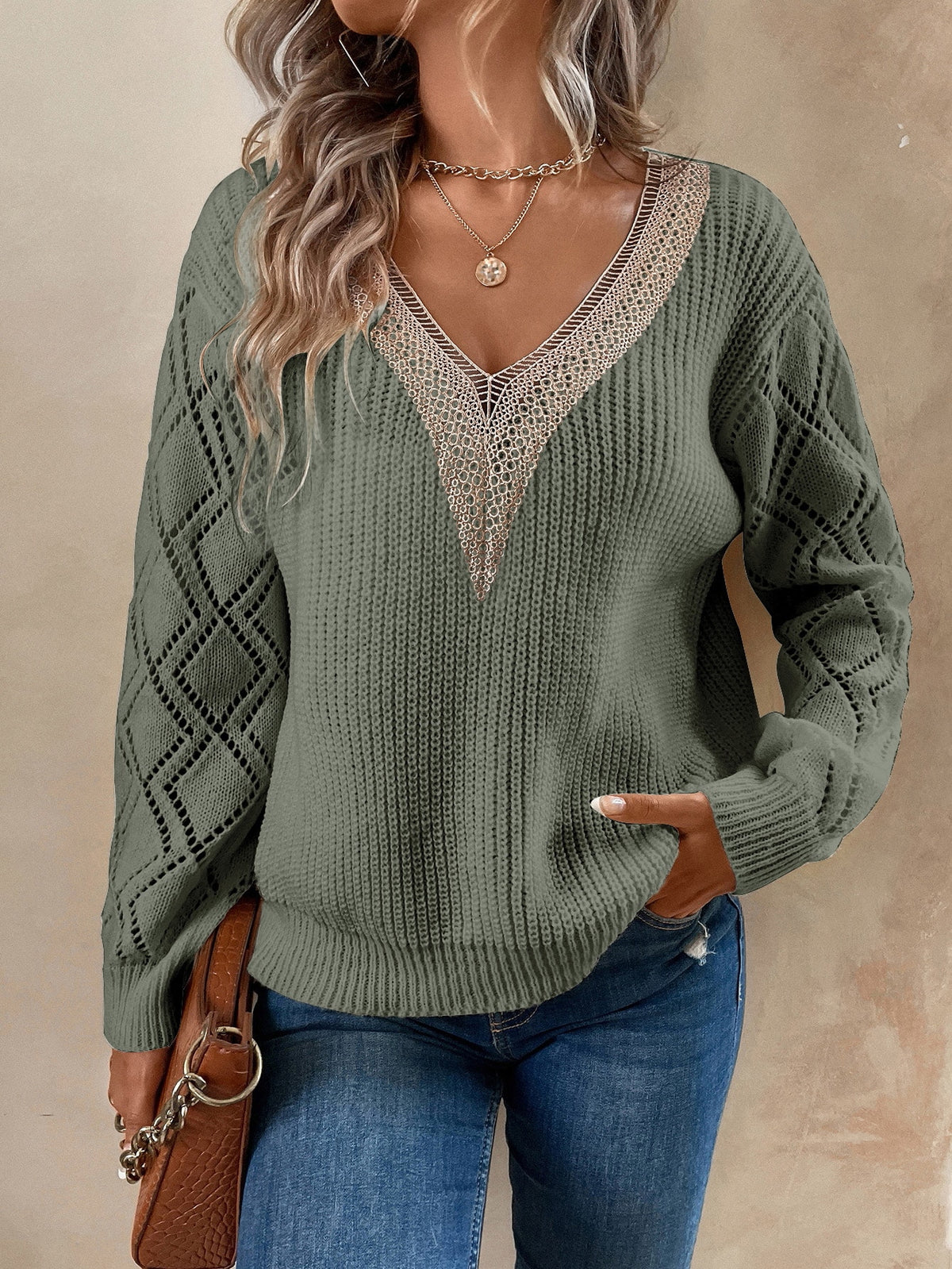 Knit Drop Shoulder Sweater with Lace Panel