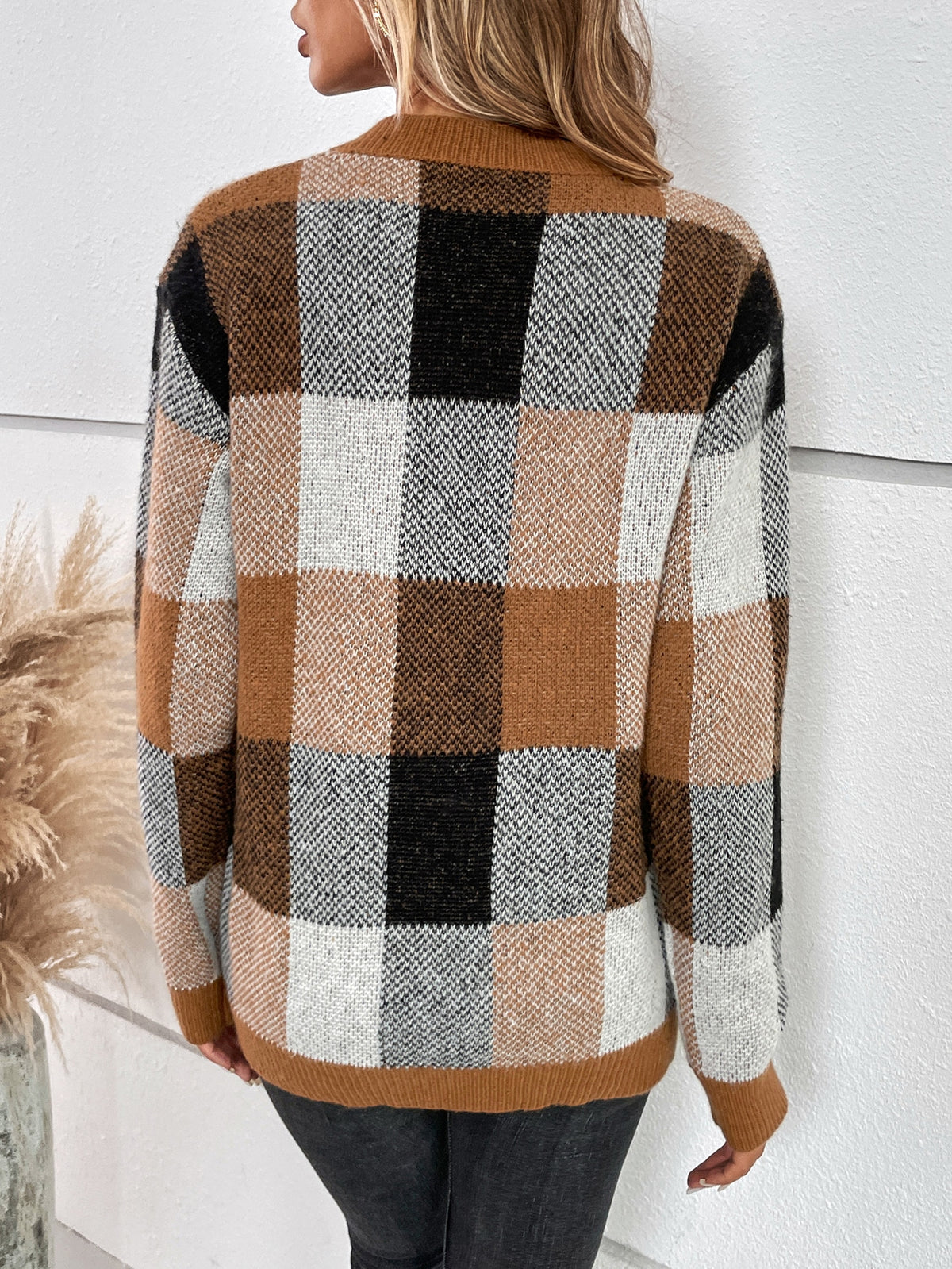 Plaid Sweater with Drop Shoulder