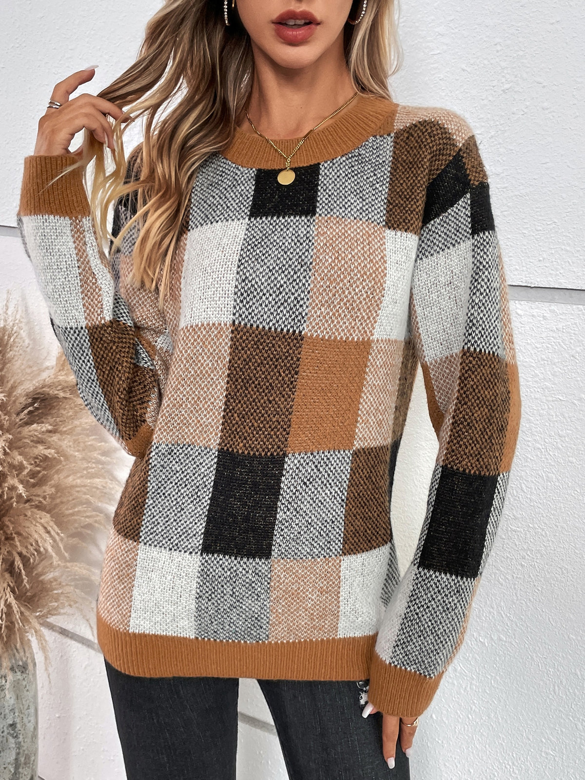 Plaid Sweater with Drop Shoulder