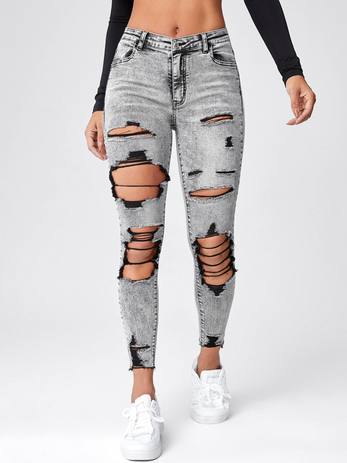 Skinny Jeans Cut Out Ripped with Raw Hem